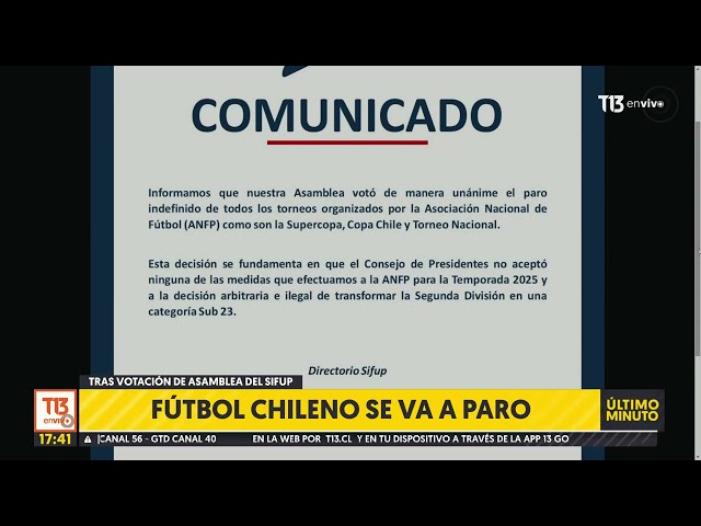 ⁣Fútbol chileno se va a paro tras votación de asamblea de SIFUP