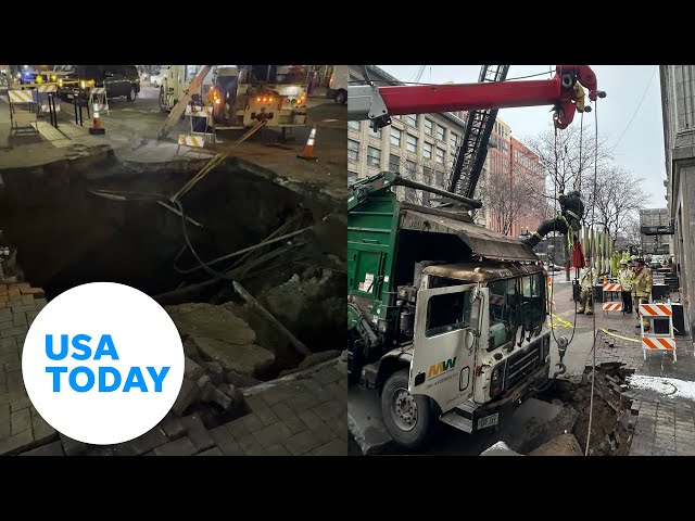 ⁣Garbage truck gets stuck in sinkhole in Omaha | USA TODAY