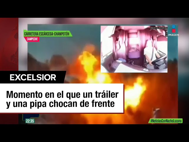 ⁣Momento del choque entre una pipa y un tráiler, que explotaron en la carretera