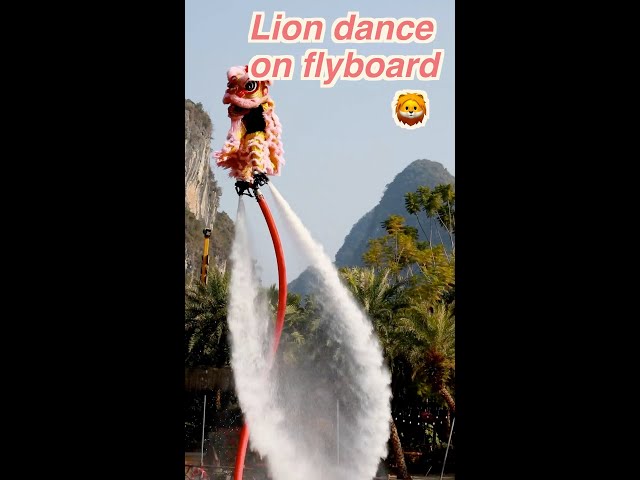 ⁣Lion dance on flyboard staged in S China