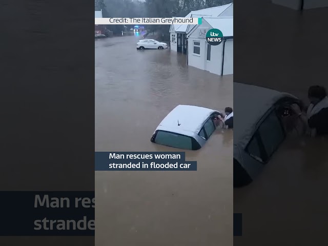 ⁣Man rescues woman stranded in flooded car in Great Glen, Leicestershire | ITV News