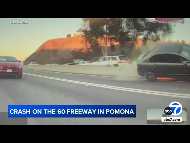 ⁣Driver loses control, crashes on 60 Freeway in Pomona