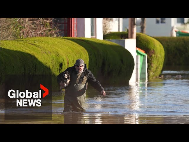 ⁣Severe flooding inundates parts of England, farmland swamped