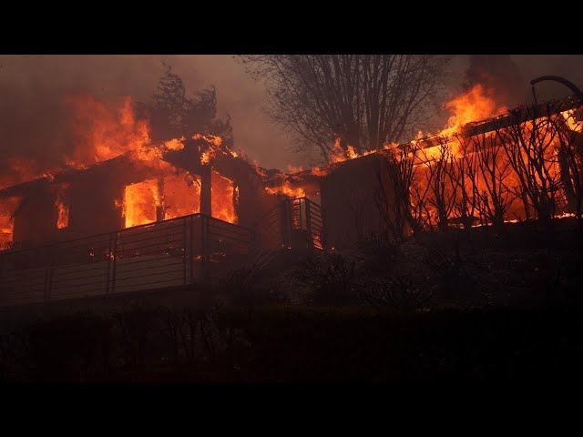 ⁣On-the-ground look at the Palisades Fire burning in southern California