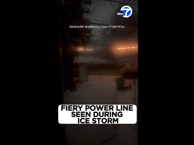 ⁣Fiery power line seen during ice storm