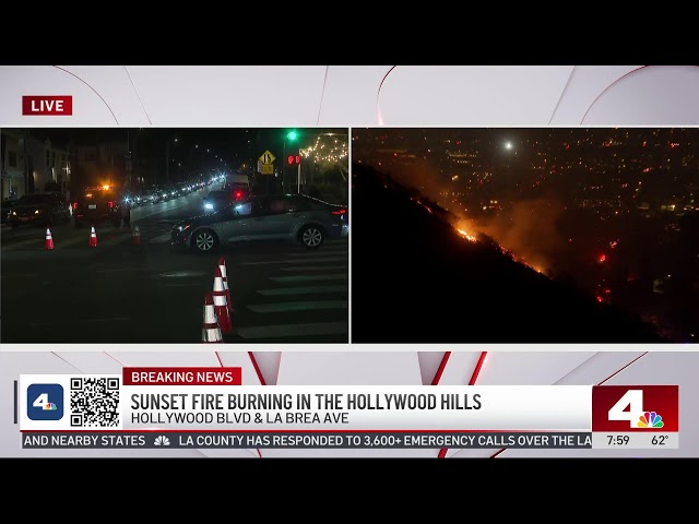 ⁣Watch Live: Brush fire burns near homes in Hollywood Hills near Runyon Canyon