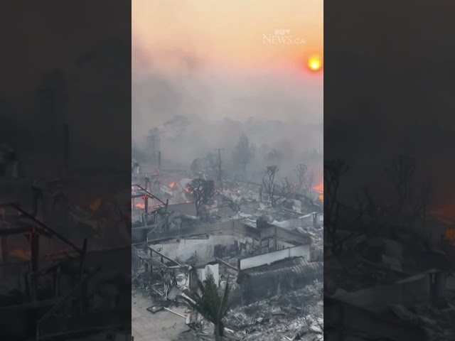 ⁣Drone captures trail of destruction from the Palisades wildfire