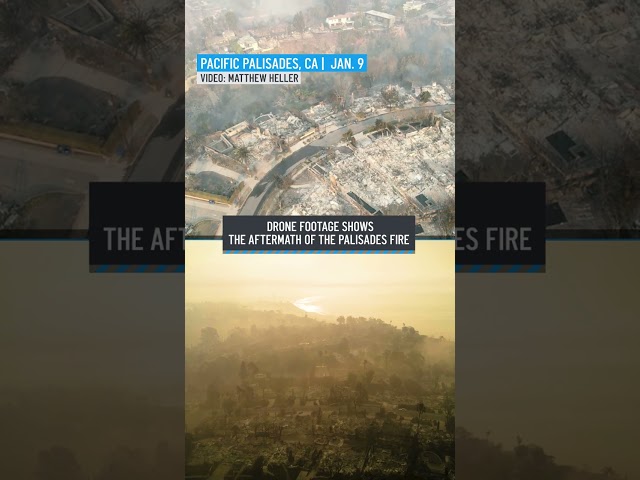 ⁣Drone video shows wildfire devastation in Pacific Palisades