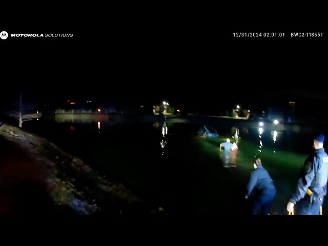 ⁣VIDEO: Clinton Township police officers rescue driver submerged in pond