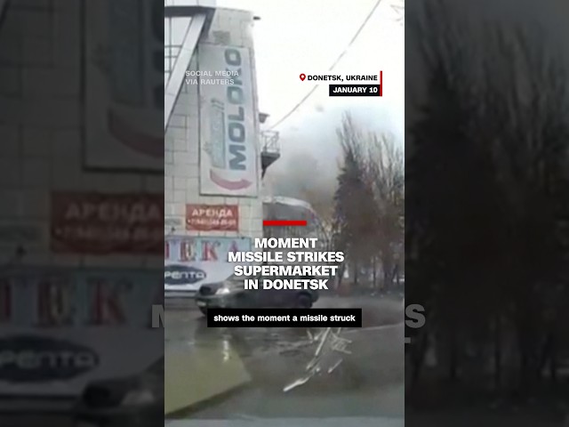 ⁣Moment missile strikes supermarket in Donetsk