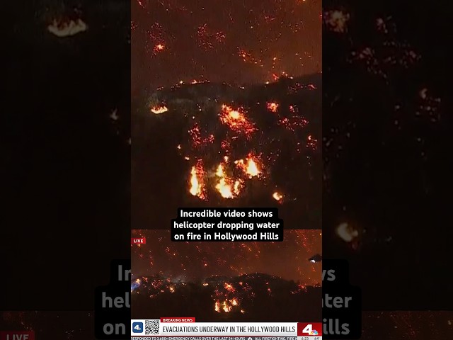 ⁣Helicopter drops water on fire in Hollywood Hills