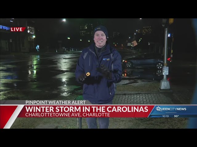 ⁣Glaze of ice covering surfaces in Charlotte, but not treated roads