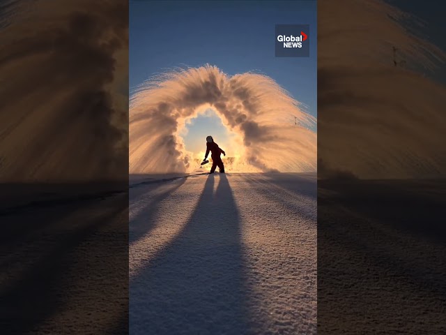 ⁣Frigid temperatures freeze water mid-air in snowy Saskatchewan ❄