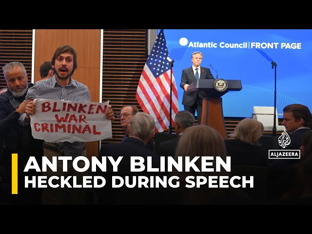 ⁣Protester disrupts Blinken’s speech, accusing him of war crimes