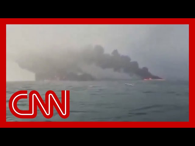 ⁣Huge fire after oil tanker and cargo ship collide