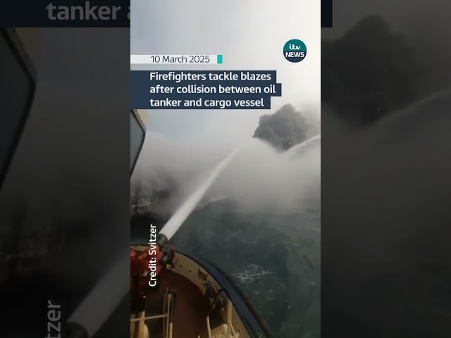 ⁣Firefighters tackle blaze in the North Sea following a collision between a tanker and a cargo ship