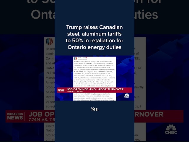 ⁣Trump raises Canadian steel, aluminum tariffs to 50% in retaliation for Ontario energy duties