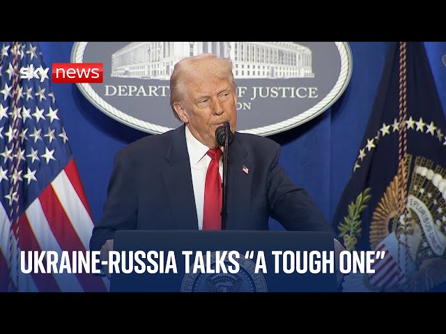 President Trump delivers a speech at the Department of Justice, amid Ukraine peace negotiations