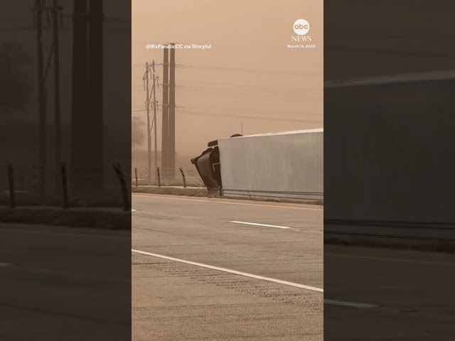 ⁣Texas dust storm topples trucks