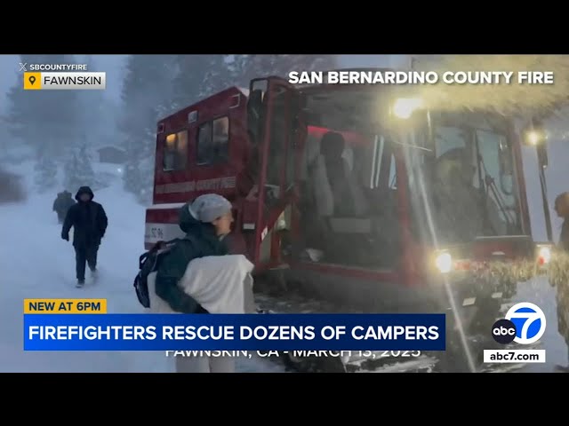 ⁣Firefighters rescue dozens of stranded YMCA campers using snowcat in Fawnskin