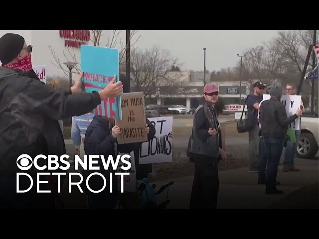 ⁣Musk, Tesla protesters gather at dealership