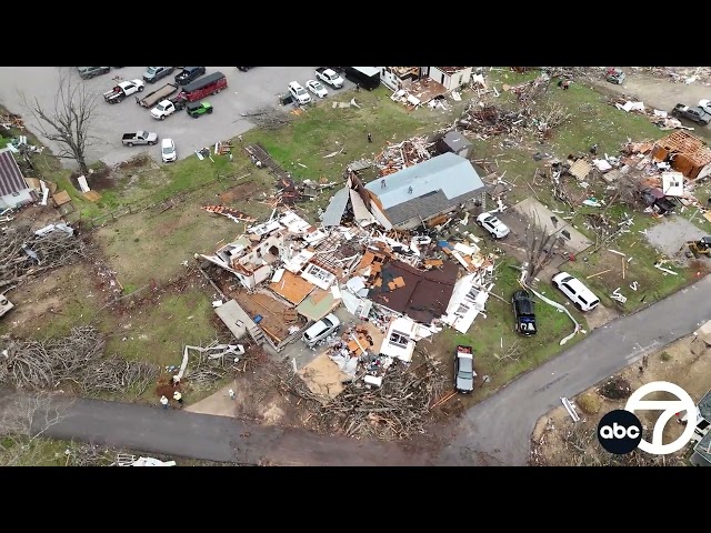 ⁣Stunning drone footage shows devastation after deadly tornadoes batter Arkansas