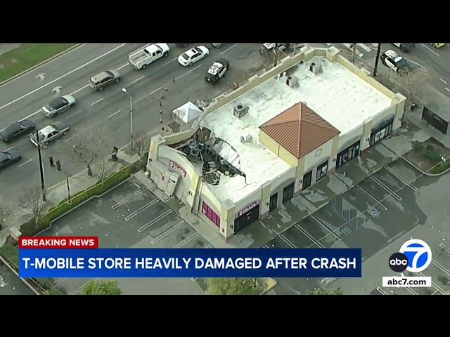 Roof, walls partially collapse after truck topples hydrant outside T-Mobile store in Los Angeles