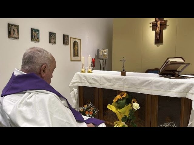 Vatican release photograph of Pope Francis celebrating Mass in hospital chapel