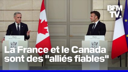 ⁣Les allocutions d'Emmanuel Macron et du nouveau Premier ministre canadien Mark Carney en intégr