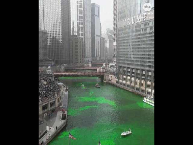 ⁣Chicago river dyed green for St. Patrick's Day